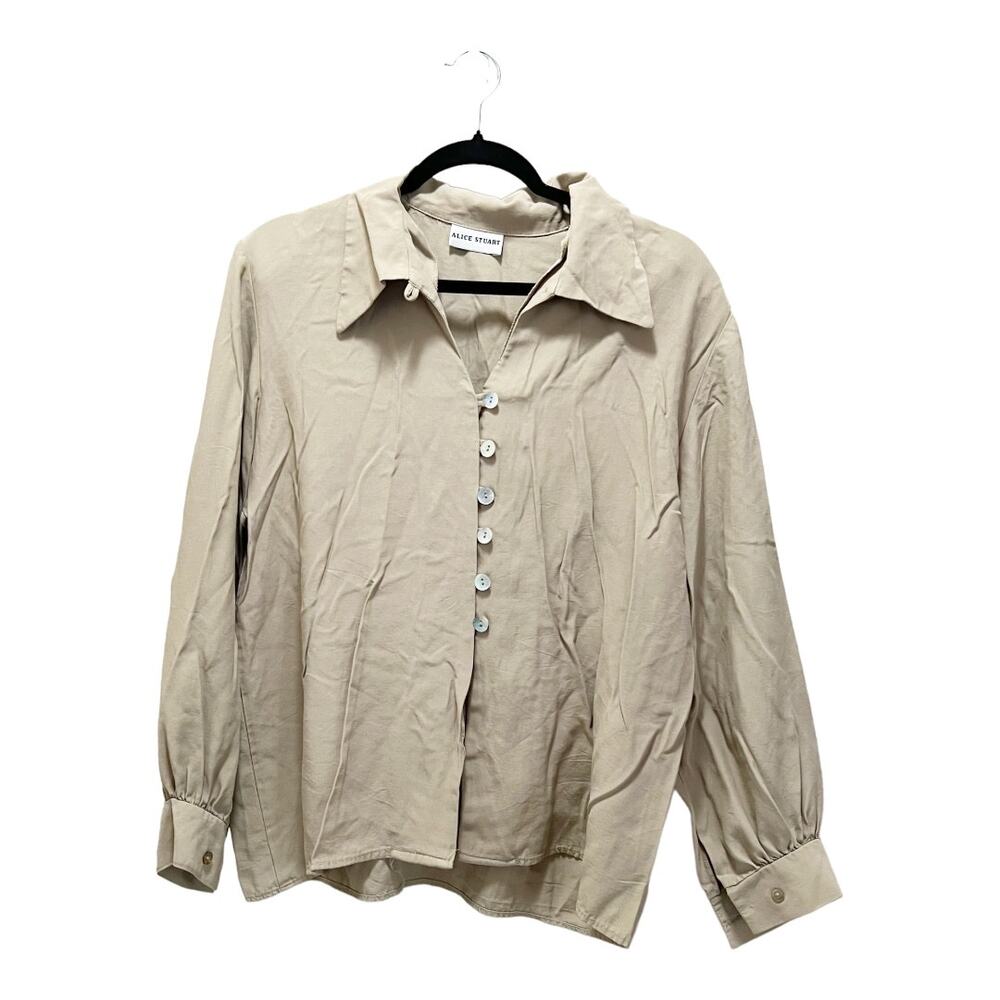 Vintage Laggenlook Linen Button Down Shirt Beige Long Sleeve Blouse Sz M
